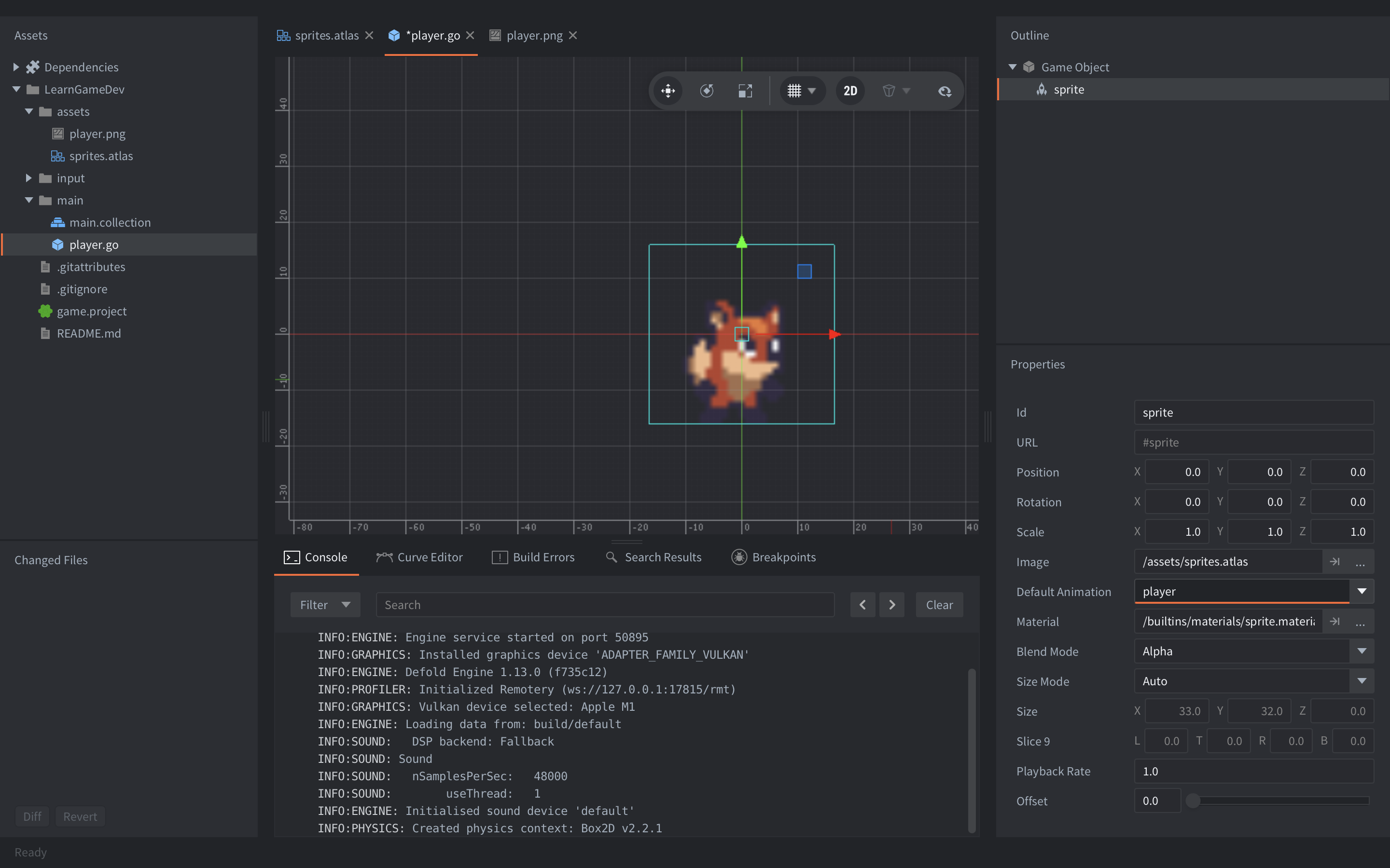 Defold editor showing the player game object with a Sprite component using sprites.atlas and the player animation