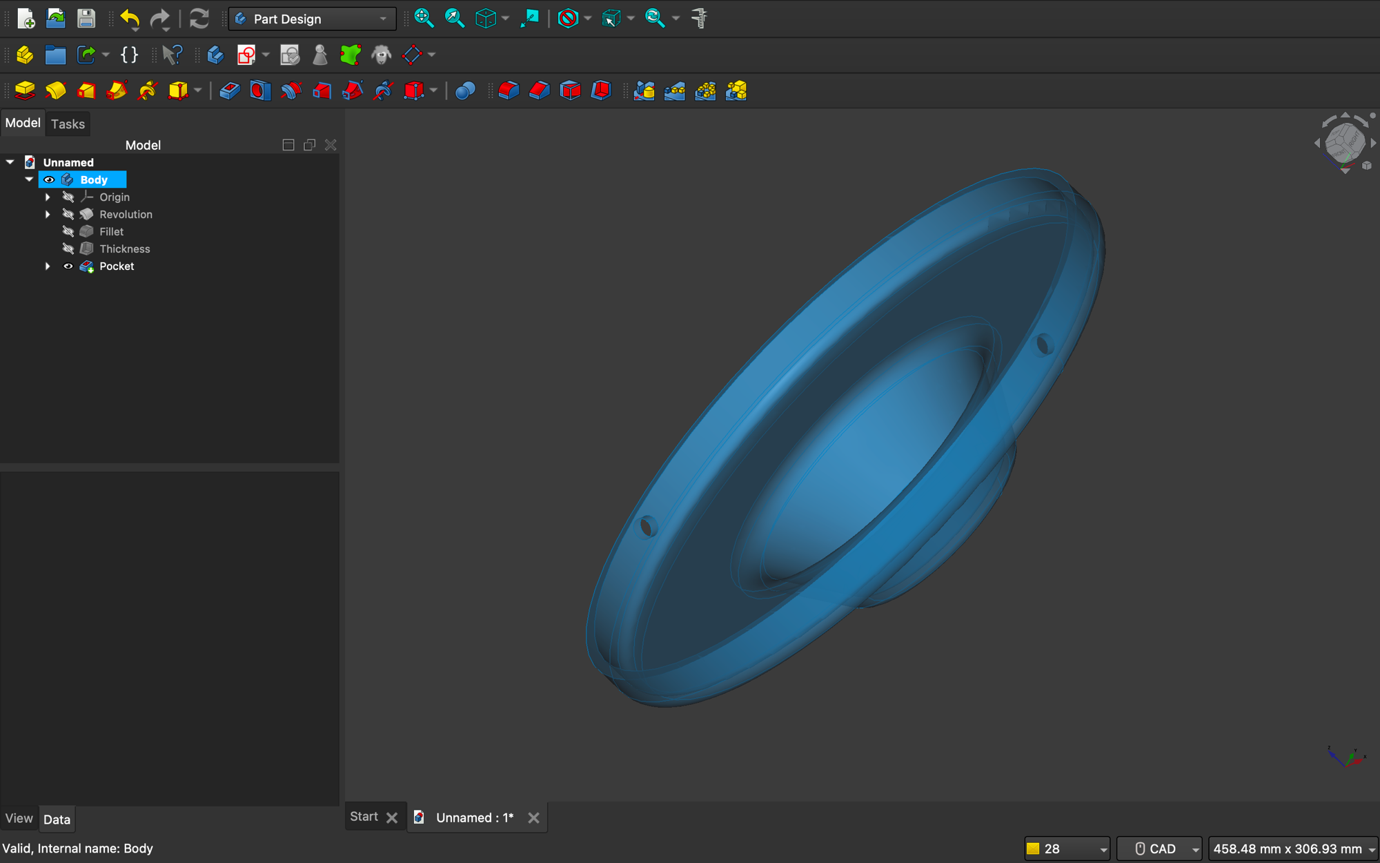 FreeCAD Part Design — dish with fillet and thickness