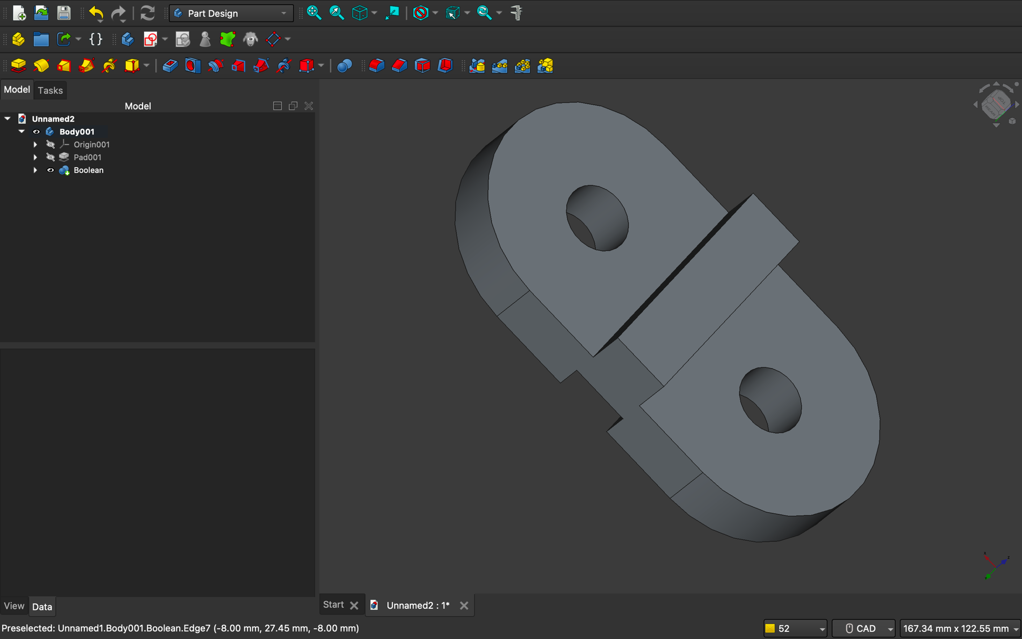 FreeCAD Part Design — boolean result of mirrored lobe bodies