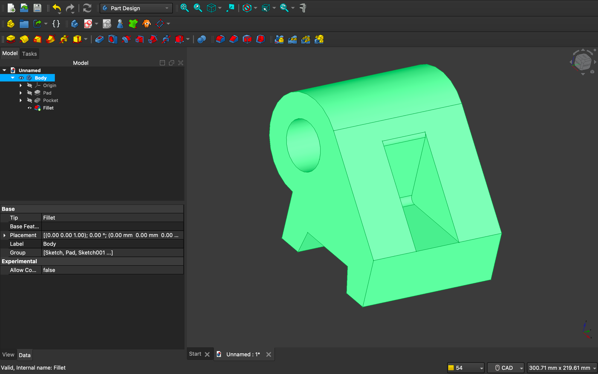 FreeCAD Part Design — bracket with cylindrical top, rectangular pocket, and fillets