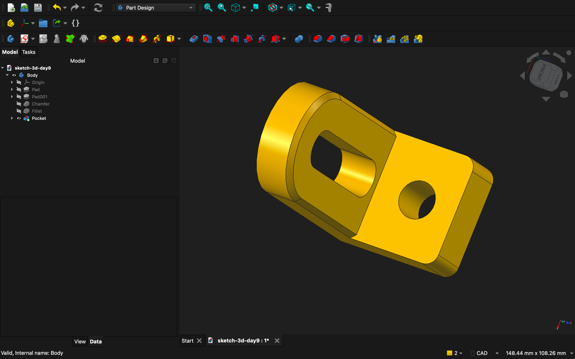 FreeCAD Part Design — connector block with chamfer, fillet, and pockets