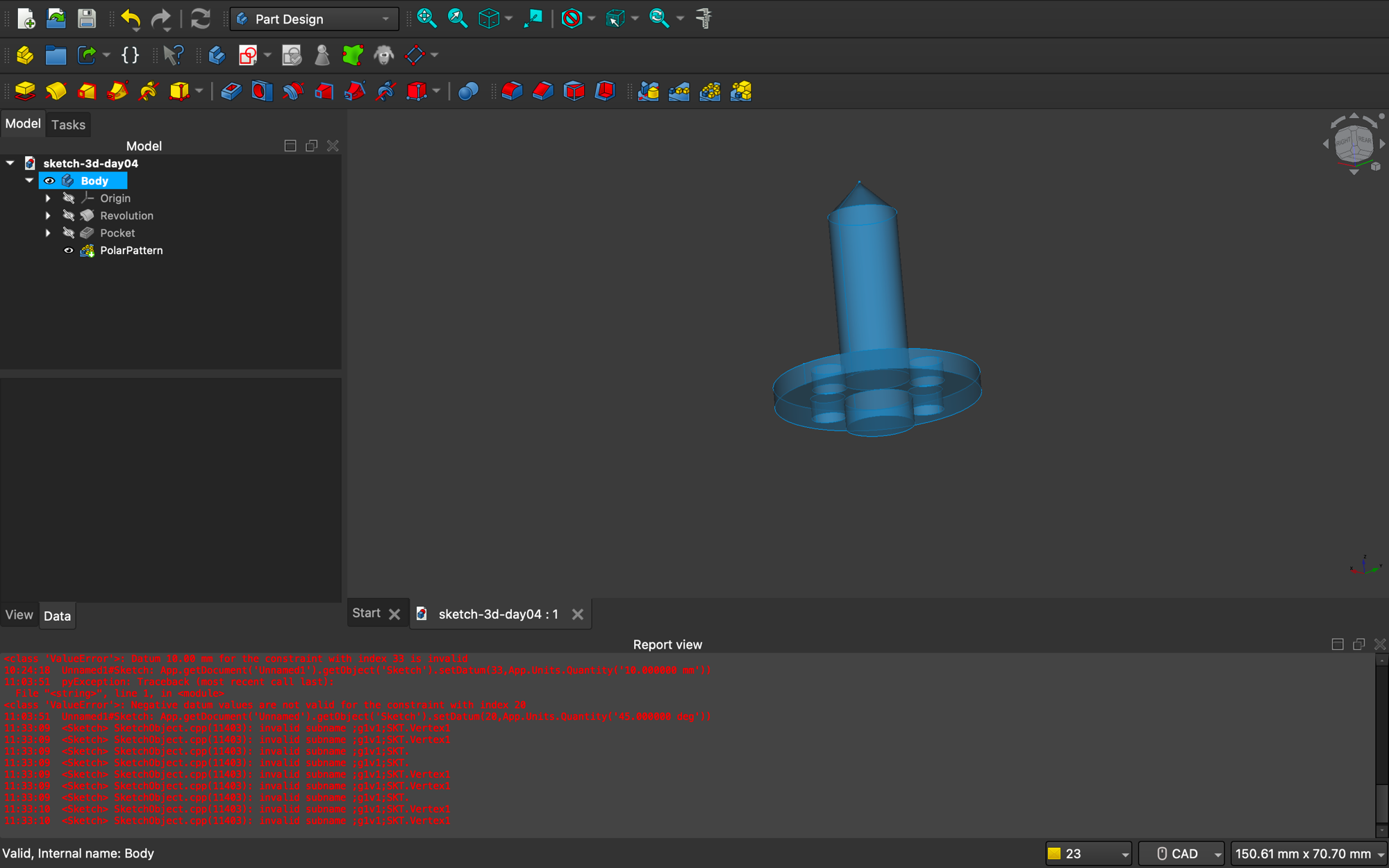 FreeCAD Part Design — bolt with polar-patterned flange holes